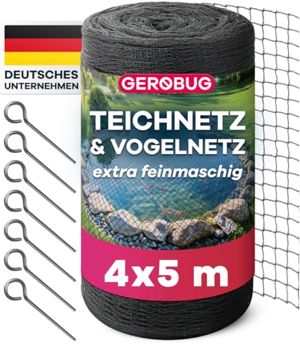GEROBUG Teichnetz feinmaschig 4x5m - witterungs- & UV beständiges Teichnetz gegen Reiher - Vogelschutznetz, Laubnetz Teich, Hühner Netz feinmaschig, Vogelnetz, Laubschutznetz
